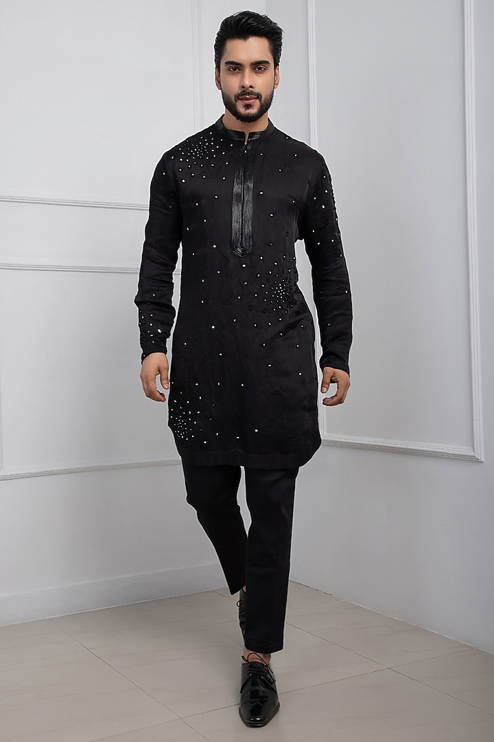Dark Purple Linen Satin Mirror Embellished Indo-Western Jacket Set by Smriti by Anju Agarwal Men at Pernia's Pop Up Shop
