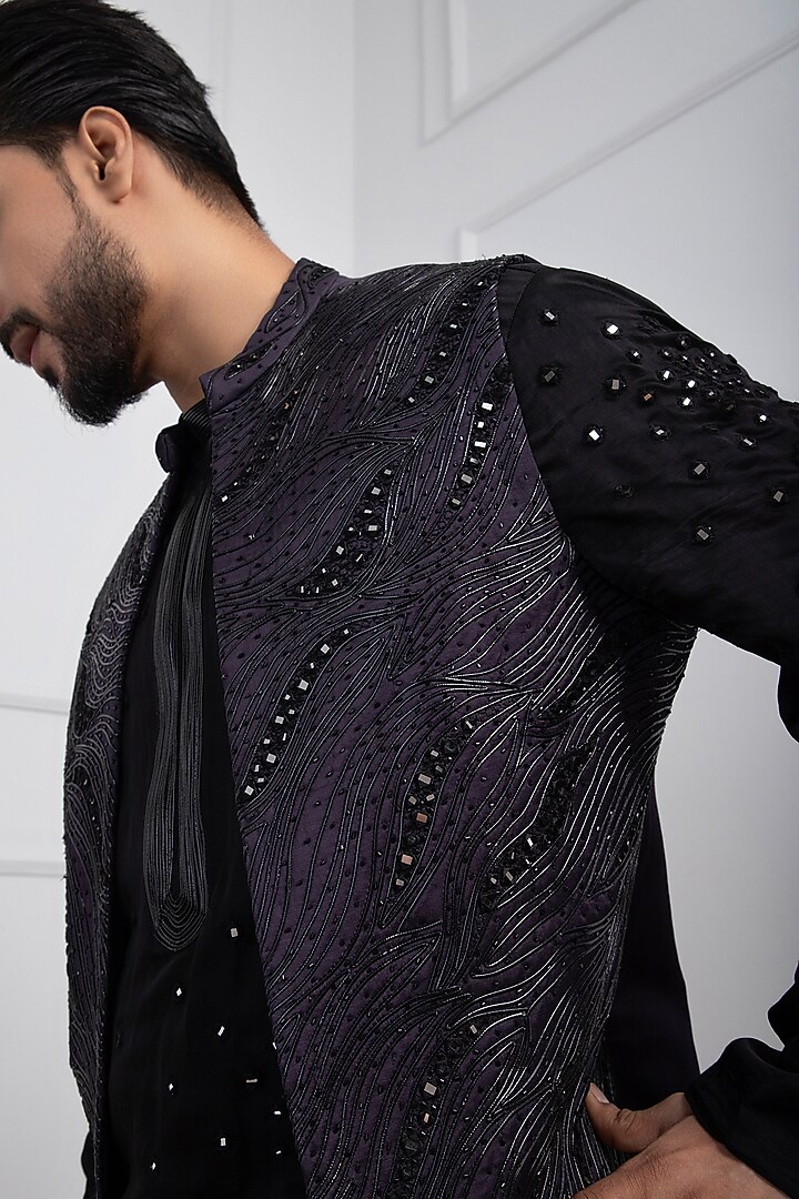 Dark Purple Linen Satin Mirror Embellished Indo-Western Jacket Set by Smriti by Anju Agarwal Men at Pernia's Pop Up Shop