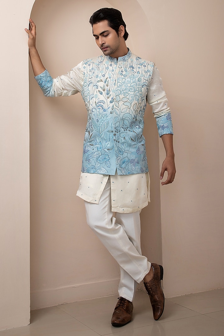 Multi-Colored Linen Satin Floral Embroidered Nehru Jacket by Smriti By Anju Agarwal Men at Pernia's Pop Up Shop