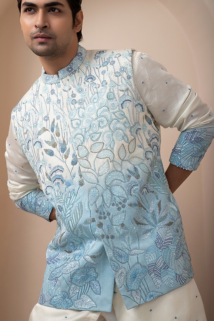 Multi-Colored Linen Satin Floral Embroidered Nehru Jacket by Smriti by Anju Agarwal Men at Pernia's Pop Up Shop