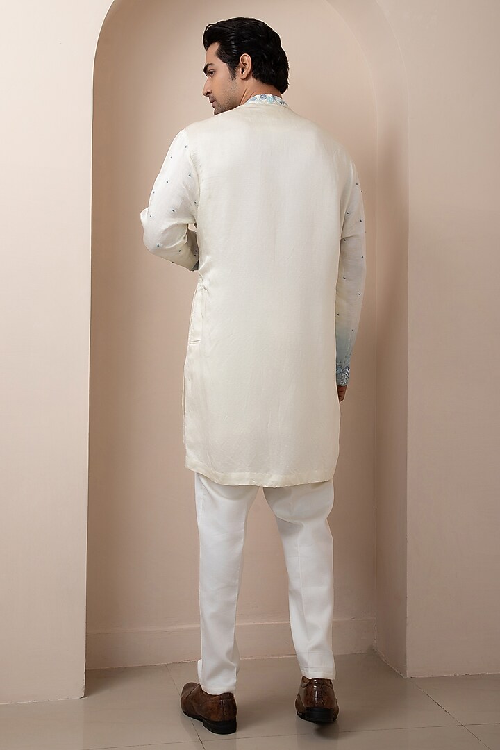 White Ombre Linen Satin Thread Embroidered Kurta Set by Smriti by Anju Agarwal Men at Pernia's Pop Up Shop