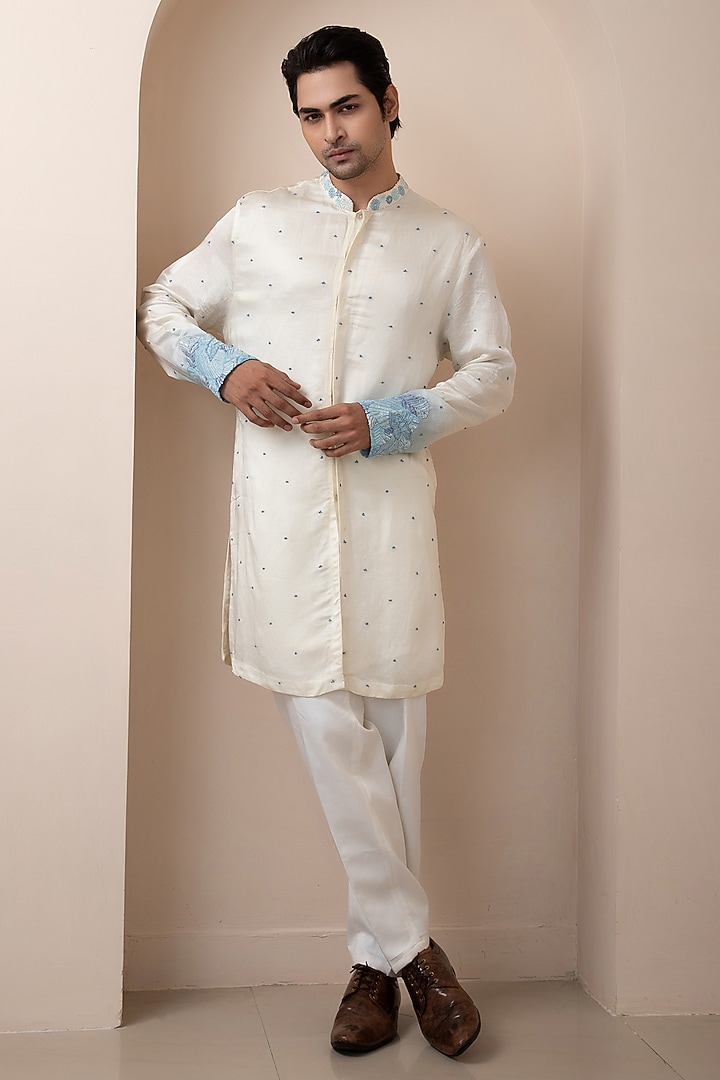 Multi-Colored Linen Satin Floral Embroidered Nehru Jacket Set by Smriti by Anju Agarwal Men at Pernia's Pop Up Shop