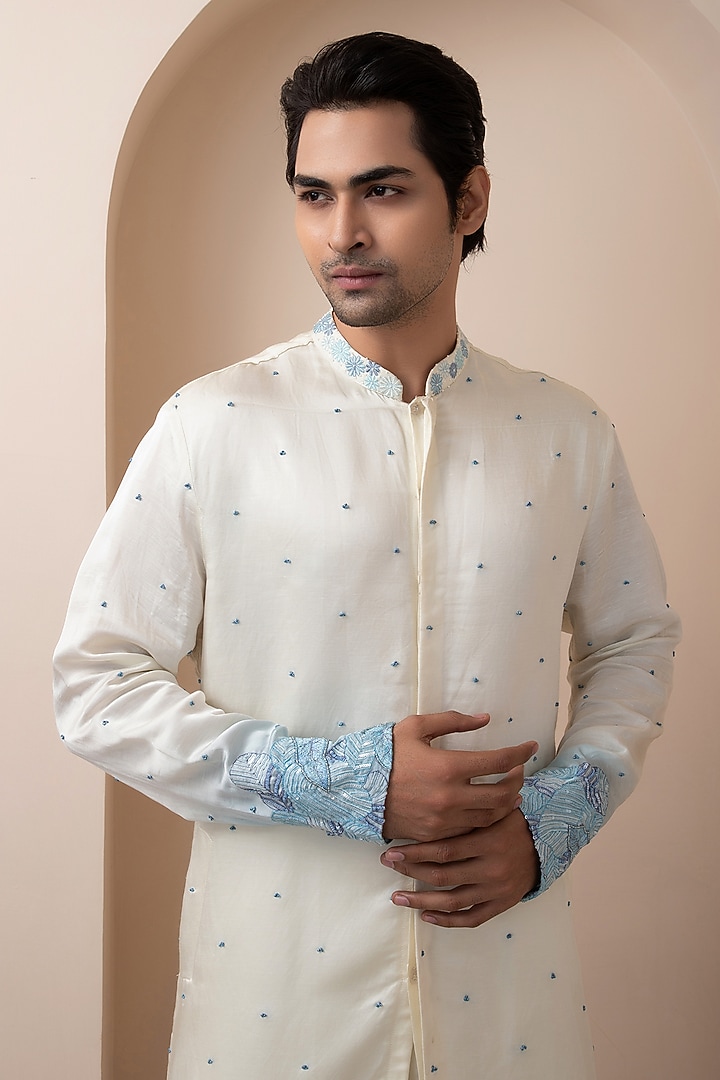 Multi-Colored Linen Satin Floral Embroidered Nehru Jacket Set by Smriti by Anju Agarwal Men at Pernia's Pop Up Shop