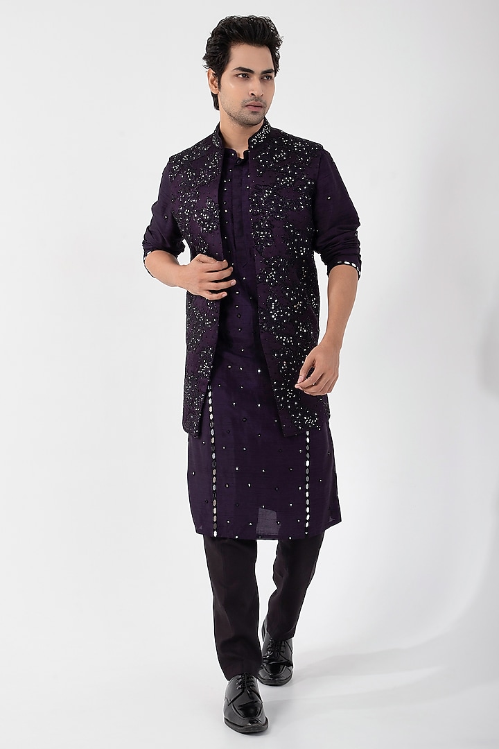 Purple Linen Satin Mirror Embroidered Indo-Western Jacket by Smriti By Anju Agarwal Men