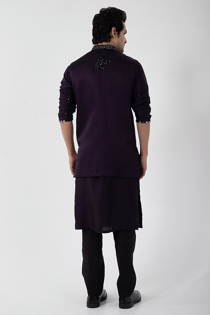 Purple Linen Satin Mirror Embroidered Indo-Western Jacket by Smriti by Anju Agarwal Men at Pernia's Pop Up Shop