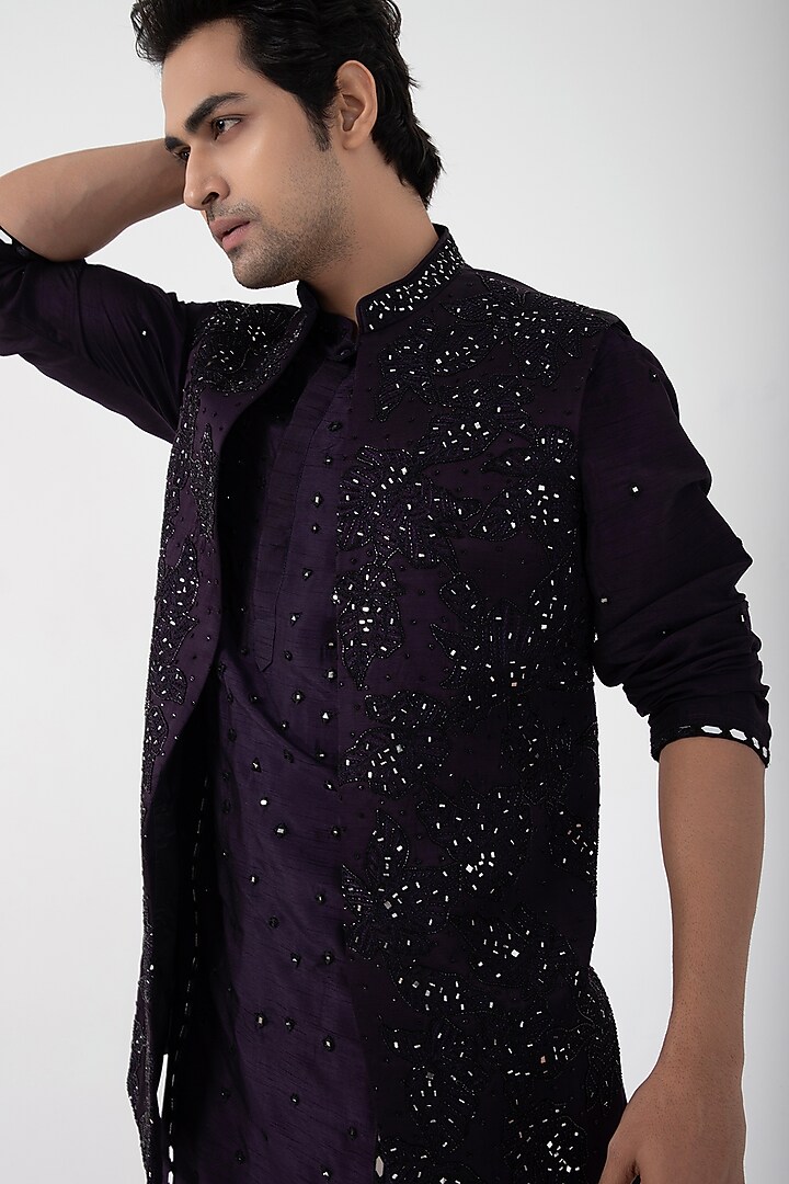 Purple Linen Satin Mirror Embroidered Indo-Western Jacket by Smriti by Anju Agarwal Men at Pernia's Pop Up Shop