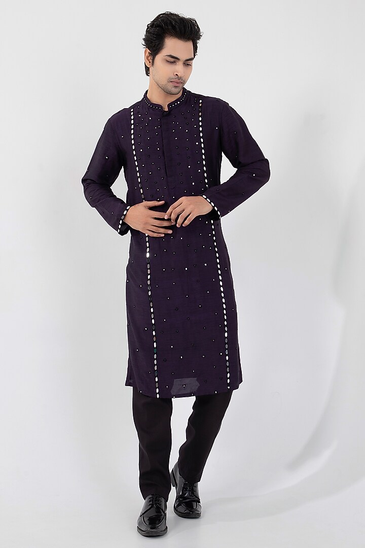 Purple Linen Satin Mirror Embroidered Indo-Western Jacket Set by Smriti by Anju Agarwal Men at Pernia's Pop Up Shop