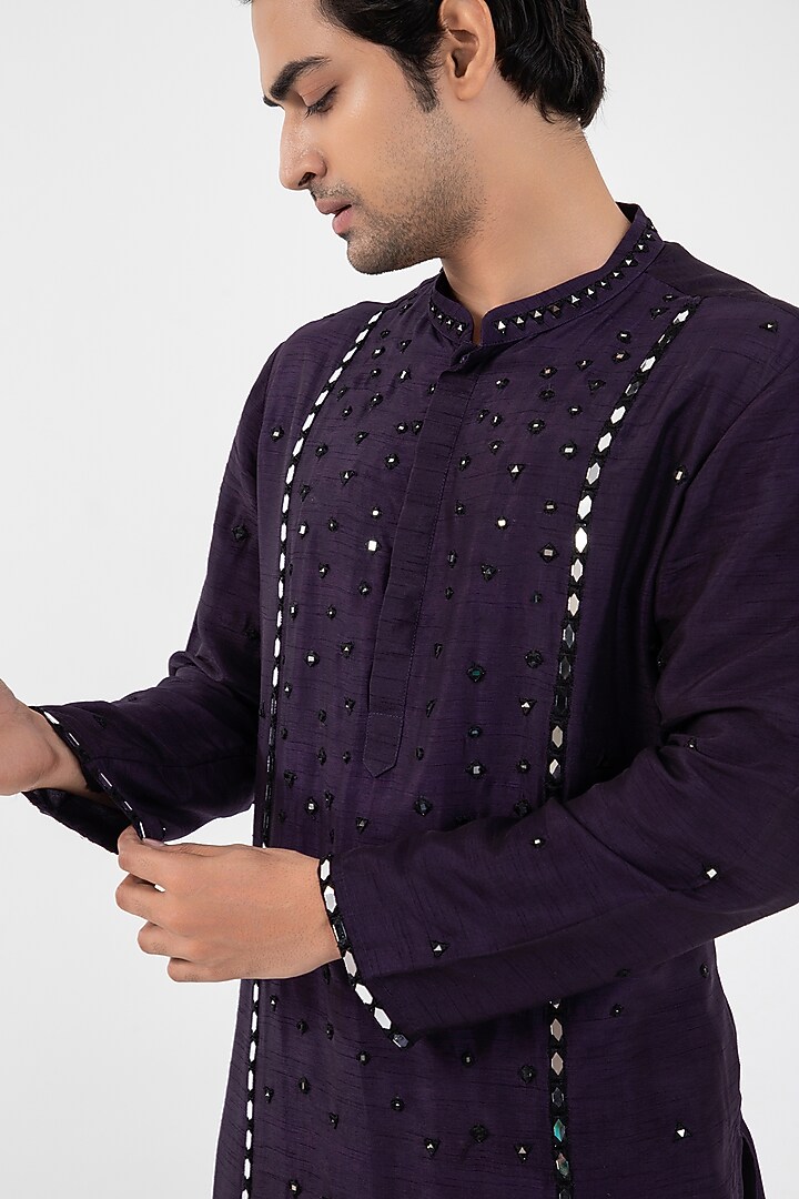 Purple Linen Satin Mirror Embroidered Indo-Western Jacket Set by Smriti by Anju Agarwal Men at Pernia's Pop Up Shop