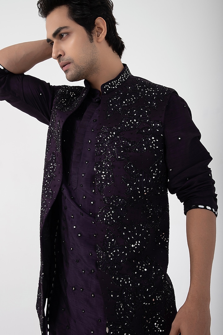 Purple Linen Satin Mirror Embroidered Indo-Western Jacket Set by Smriti by Anju Agarwal Men at Pernia's Pop Up Shop