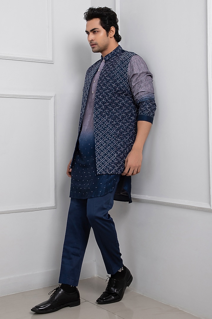 Blue Silk Geometric Beads Embroidered Indo-Western Jacket by Smriti by Anju Agarwal Men at Pernia's Pop Up Shop