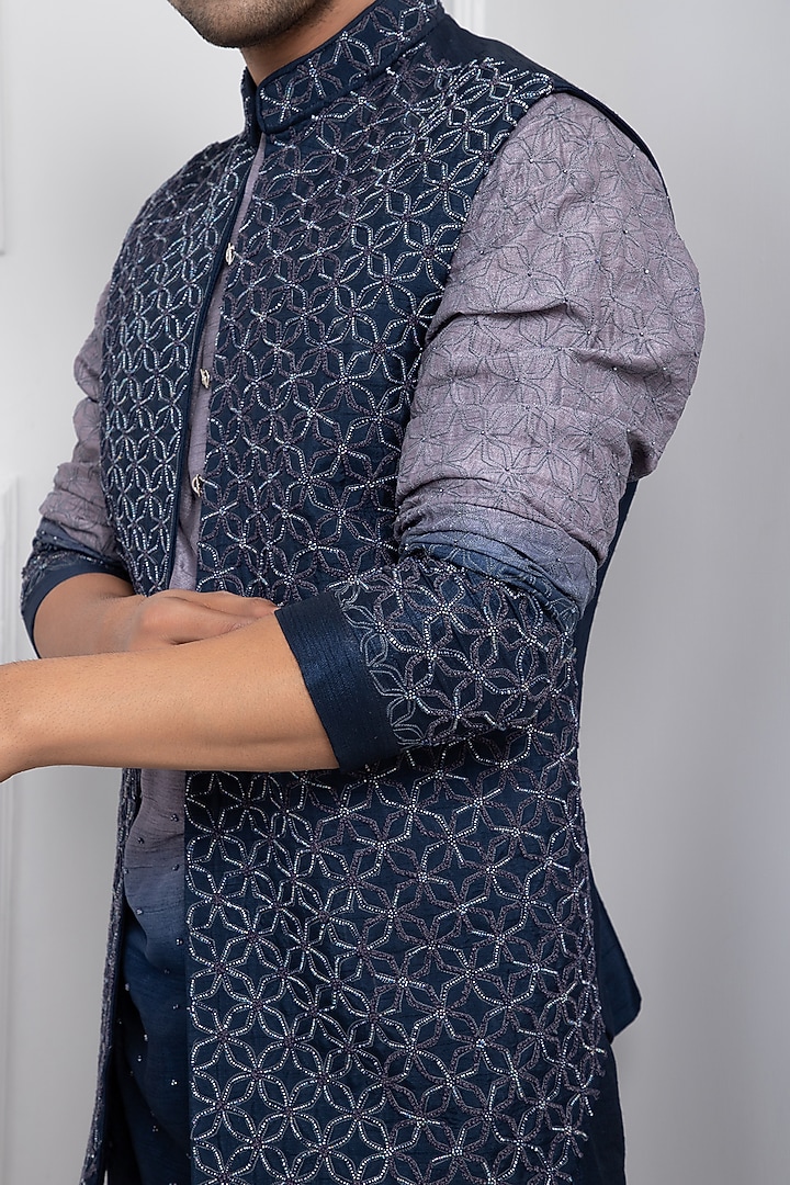 Blue Silk Geometric Beads Embroidered Indo-Western Jacket by Smriti by Anju Agarwal Men at Pernia's Pop Up Shop