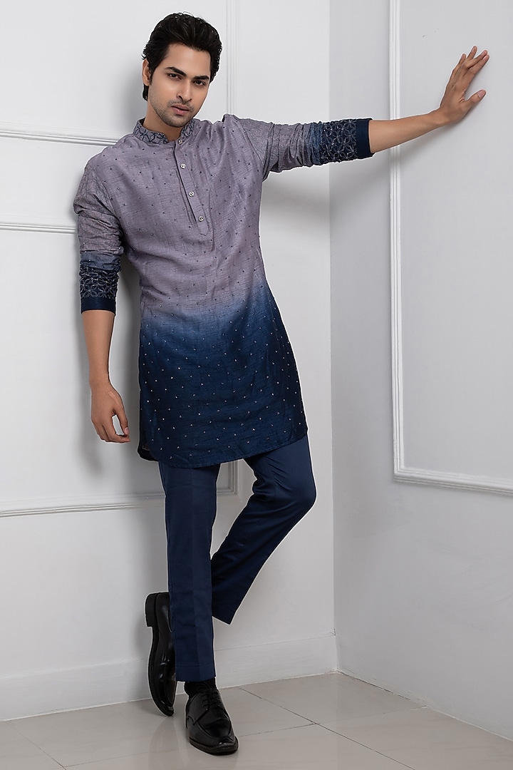 Grey & Navy Blue Ombre Silk Mulmul Kurta Set by Smriti By Anju Agarwal Men