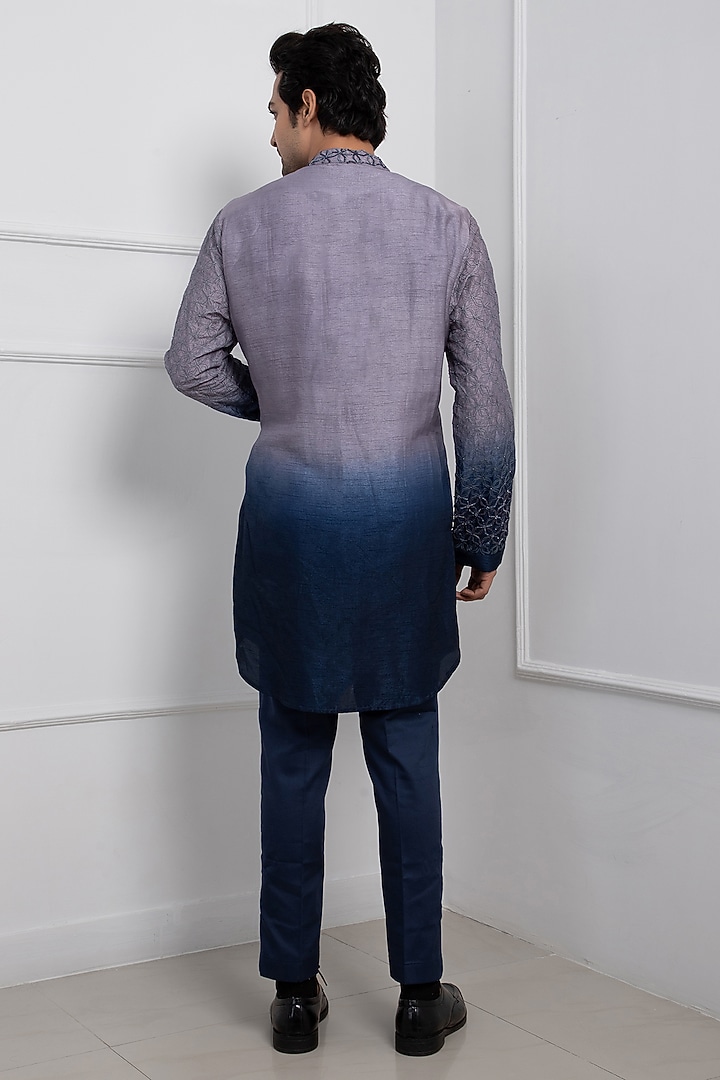 Grey & Navy Blue Ombre Silk Mulmul Kurta Set by Smriti by Anju Agarwal Men at Pernia's Pop Up Shop