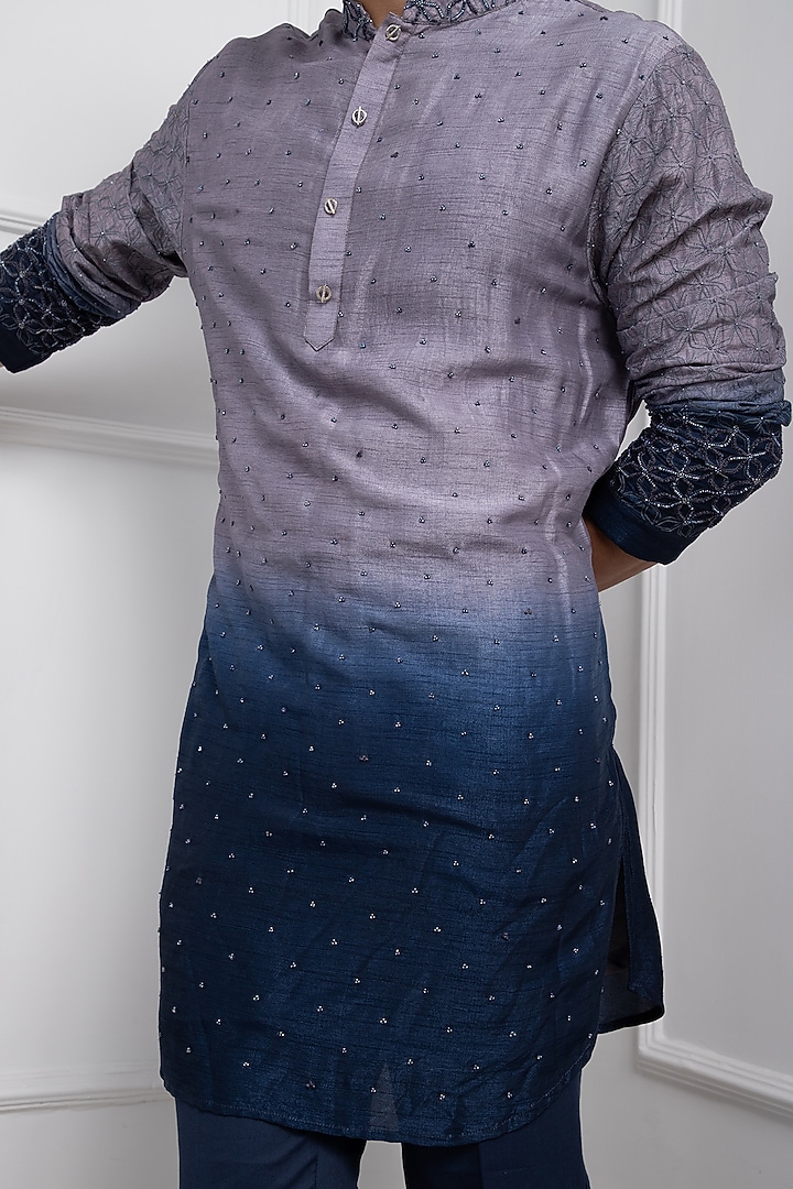 Grey & Navy Blue Ombre Silk Mulmul Kurta Set by Smriti by Anju Agarwal Men at Pernia's Pop Up Shop