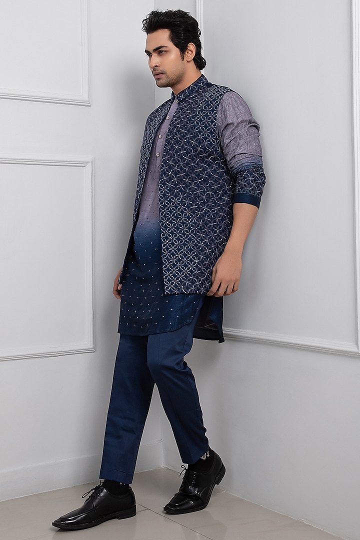 Blue Silk Geometric Beads Embroidered Indo-Western Jacket Set by Smriti By Anju Agarwal Men