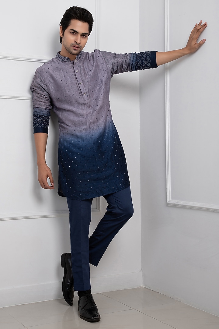 Blue Silk Geometric Beads Embroidered Indo-Western Jacket Set by Smriti by Anju Agarwal Men at Pernia's Pop Up Shop