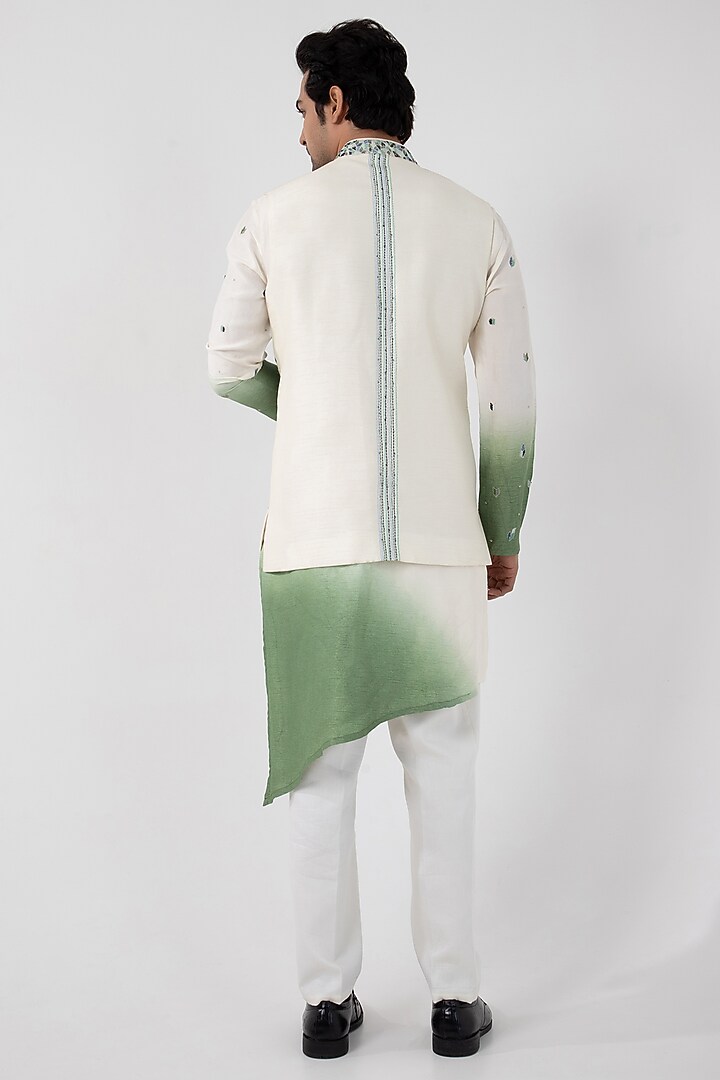 Ivory & Green Ombre Silk Abstract Hand & Machine Embroidered Nehru Jacket by Smriti by Anju Agarwal Men at Pernia's Pop Up Shop