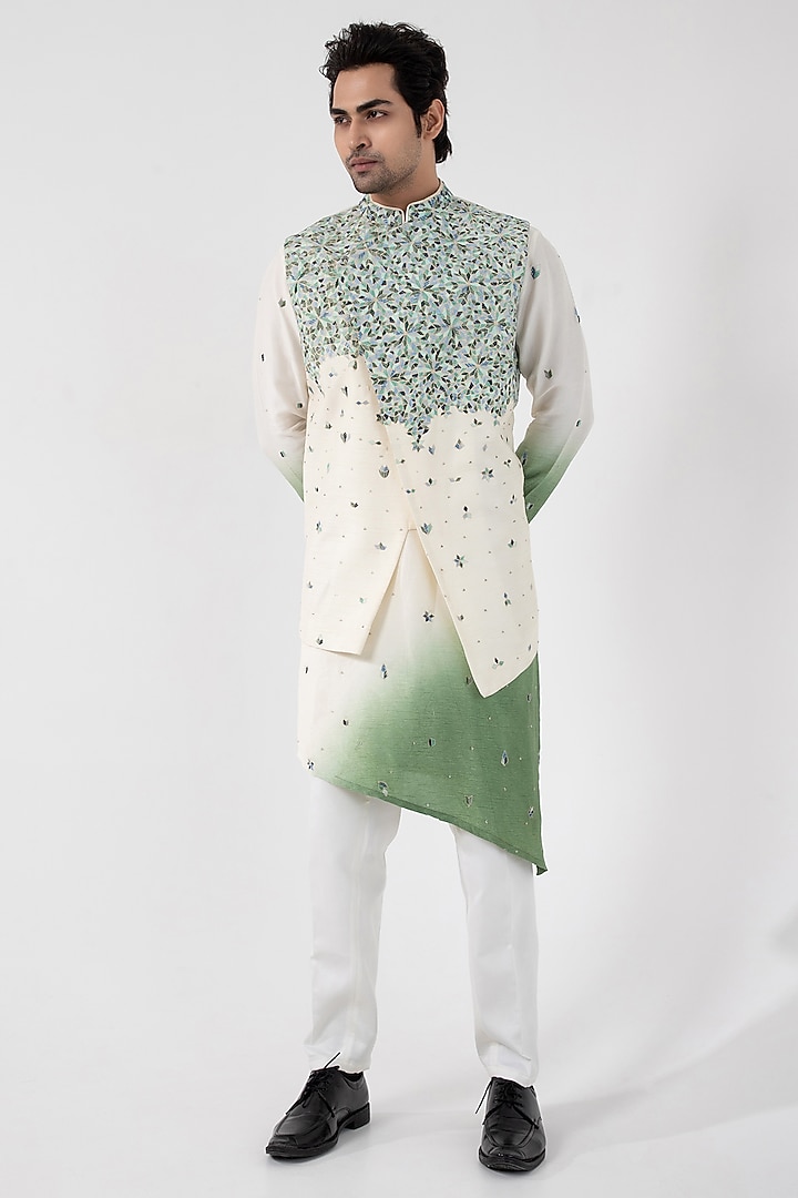 Ivory & Green Ombre Silk Abstract Hand & Machine Embroidered Nehru Jacket by Smriti by Anju Agarwal Men at Pernia's Pop Up Shop