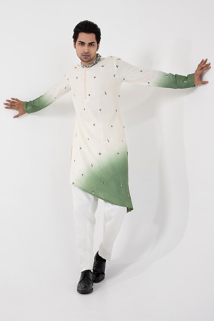 Ivory & Green Ombre Silk Mulmul Embroidered Kurta Set by Smriti By Anju Agarwal Men at Pernia's Pop Up Shop