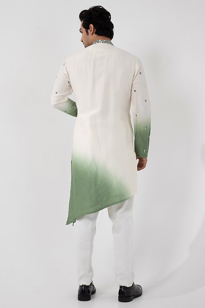 Ivory & Green Ombre Silk Mulmul Embroidered Kurta Set by Smriti by Anju Agarwal Men at Pernia's Pop Up Shop