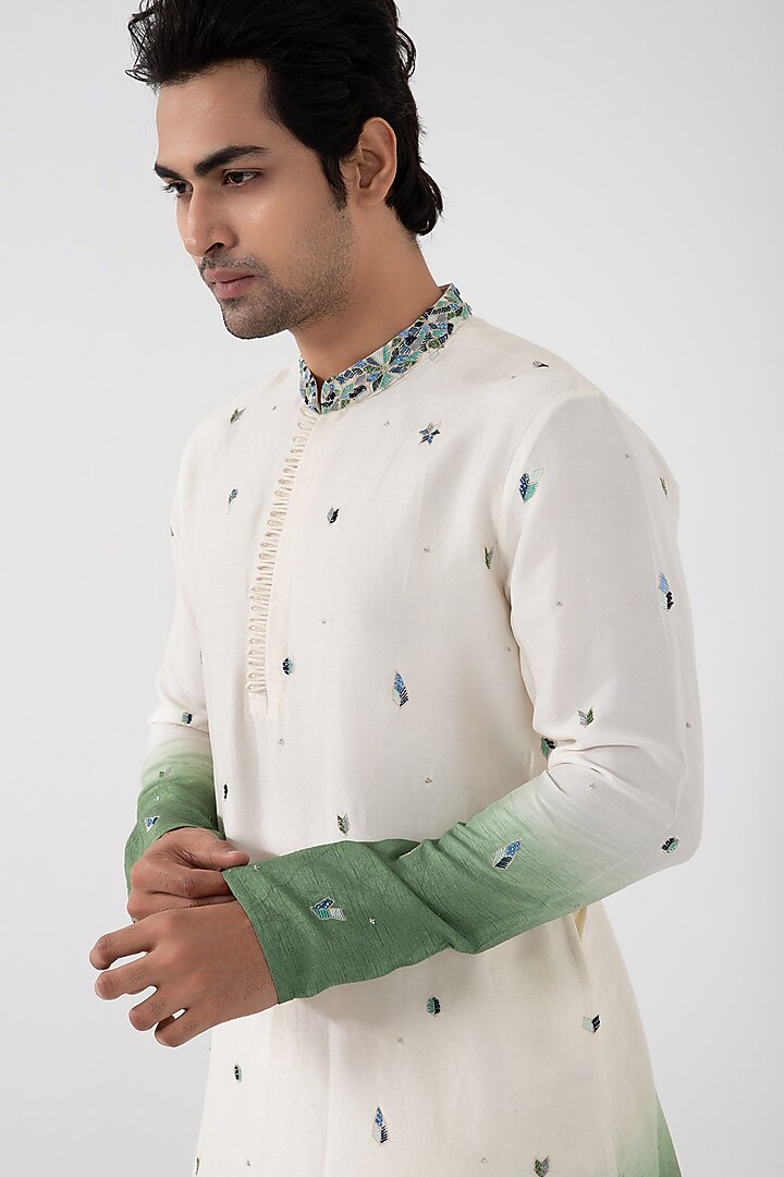 Ivory & Green Ombre Silk Mulmul Embroidered Kurta Set by Smriti by Anju Agarwal Men at Pernia's Pop Up Shop