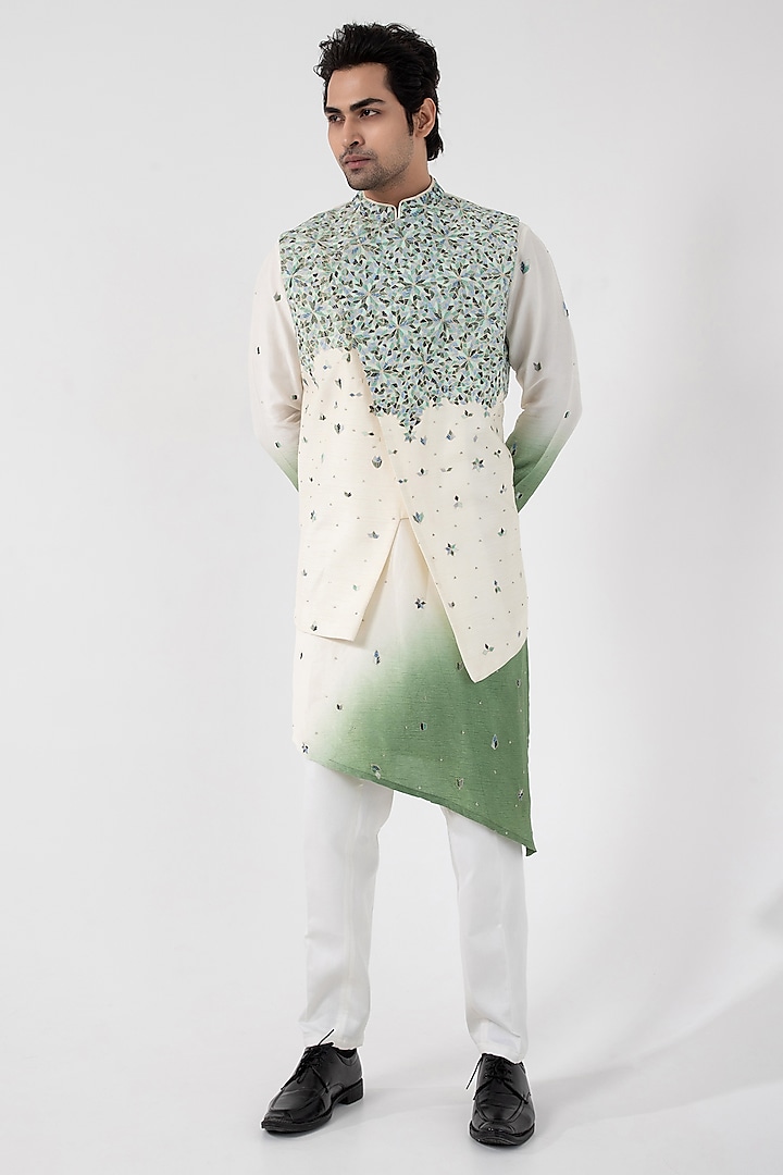 Ivory & Green Ombre Silk Abstract Hand & Machine Embroidered Nehru Jacket Set by Smriti By Anju Agarwal Men