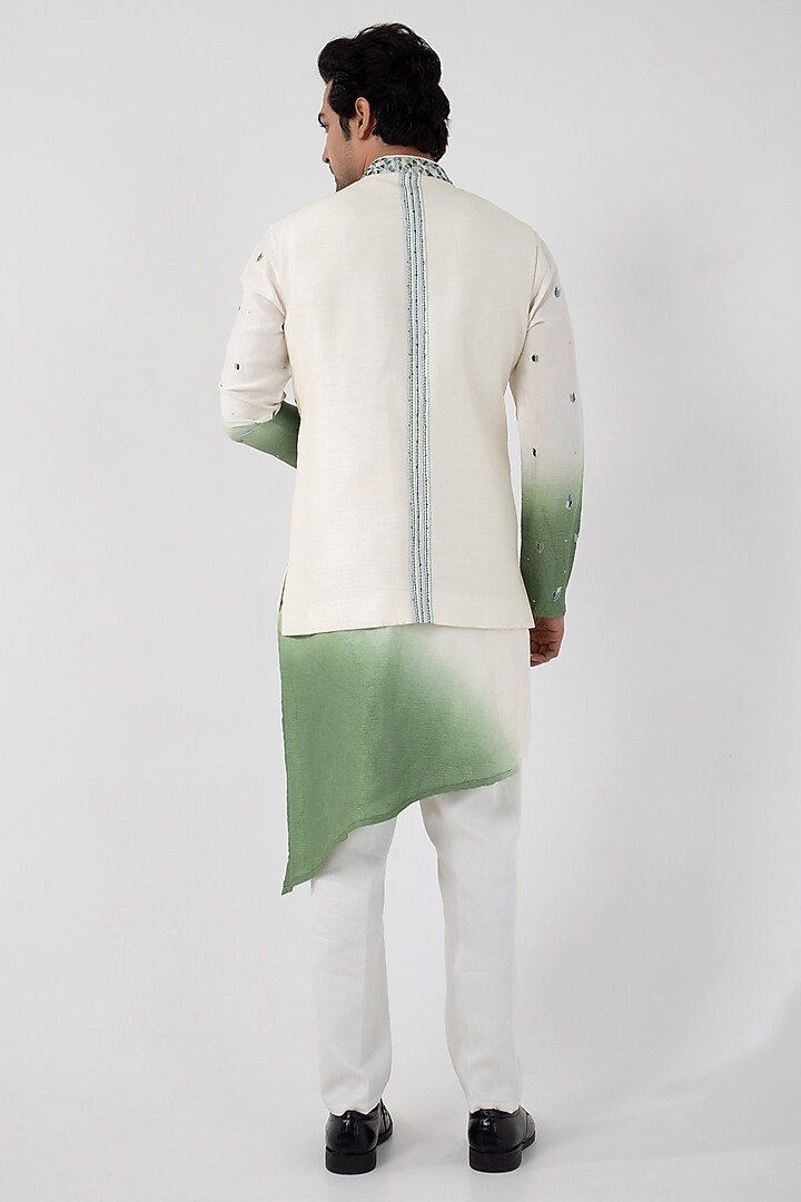 Ivory & Green Ombre Silk Abstract Hand & Machine Embroidered Nehru Jacket Set by Smriti by Anju Agarwal Men at Pernia's Pop Up Shop