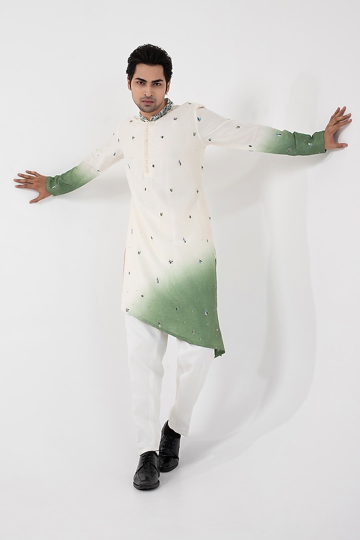 Ivory & Green Ombre Silk Abstract Hand & Machine Embroidered Nehru Jacket Set by Smriti by Anju Agarwal Men at Pernia's Pop Up Shop