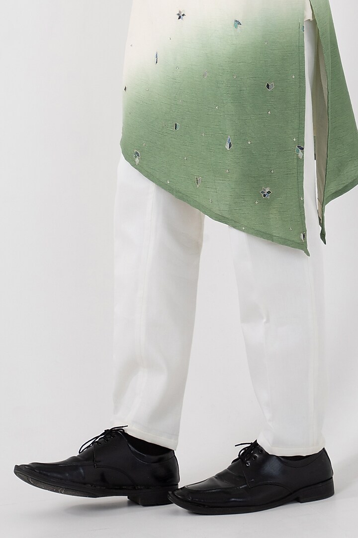 Ivory & Green Ombre Silk Abstract Hand & Machine Embroidered Nehru Jacket Set by Smriti by Anju Agarwal Men at Pernia's Pop Up Shop