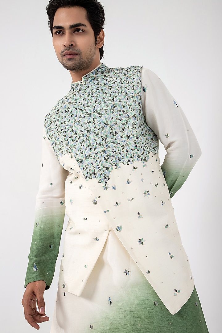 Ivory & Green Ombre Silk Abstract Hand & Machine Embroidered Nehru Jacket Set by Smriti by Anju Agarwal Men at Pernia's Pop Up Shop