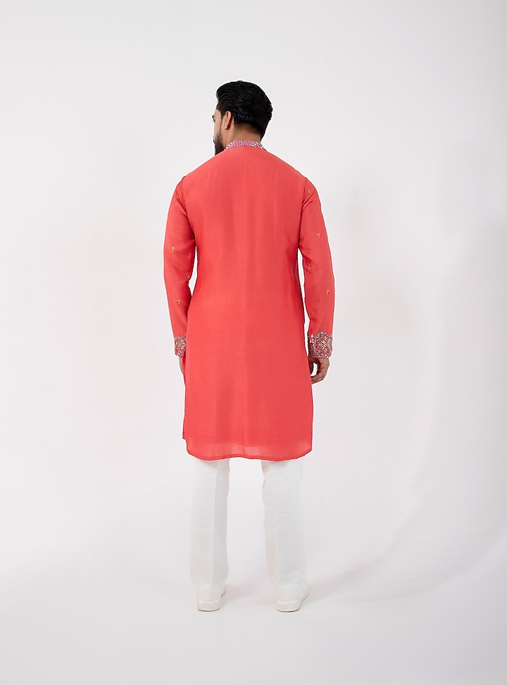 Orange Silk Mulmul Thread Embroidered Kurta Set by Smriti by Anju Agarwal Men at Pernia's Pop Up Shop