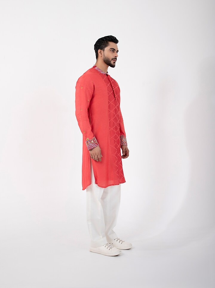Orange Silk Mulmul Thread Embroidered Kurta Set by Smriti by Anju Agarwal Men at Pernia's Pop Up Shop