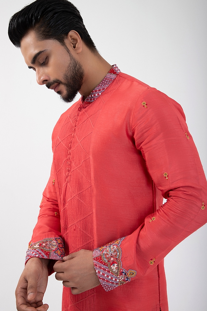 Orange Silk Mulmul Thread Embroidered Kurta Set by Smriti by Anju Agarwal Men at Pernia's Pop Up Shop