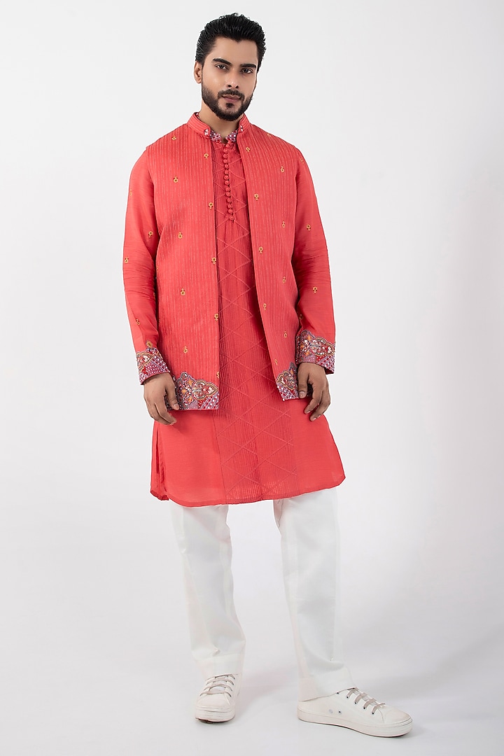 Orange Linen Satin Hand Embroidered Indo-Western Jacket Set by Smriti By Anju Agarwal Men