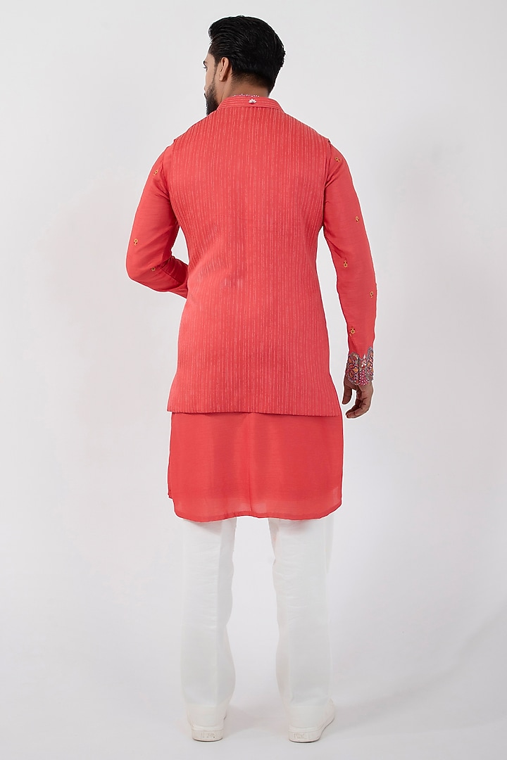 Orange Linen Satin Hand Embroidered Indo-Western Jacket Set by Smriti by Anju Agarwal Men at Pernia's Pop Up Shop