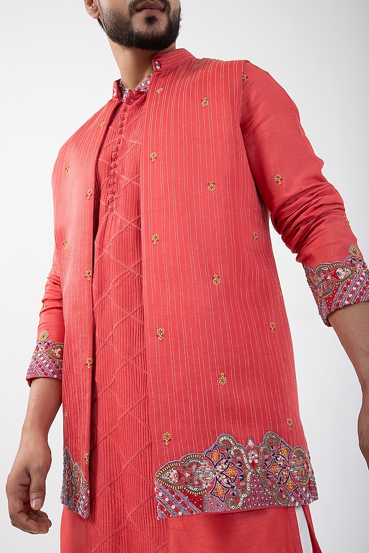 Orange Linen Satin Hand Embroidered Indo-Western Jacket Set by Smriti by Anju Agarwal Men at Pernia's Pop Up Shop