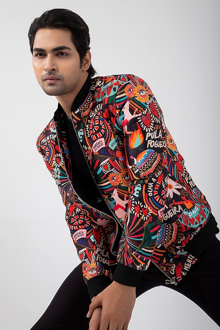 Multi-Colored Satin Bomber Jacket by Smriti By Anju Agarwal Men