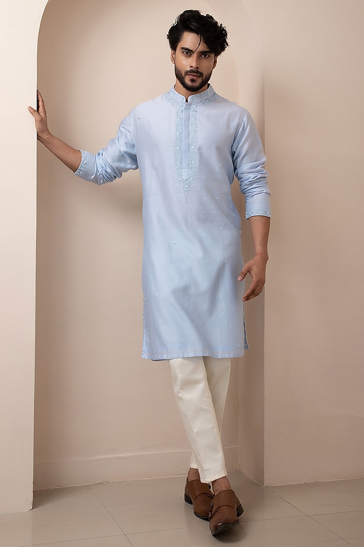 Powder Blue Chanderi Mulmul Kurta Set by Smriti By Anju Agarwal Men at Pernia's Pop Up Shop