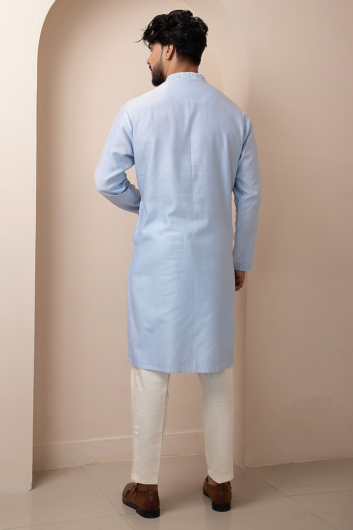 Powder Blue Chanderi Mulmul Kurta Set by Smriti by Anju Agarwal Men at Pernia's Pop Up Shop