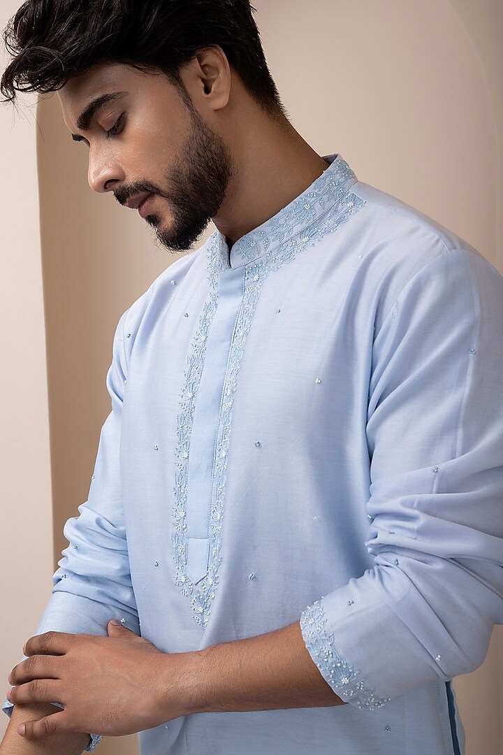 Powder Blue Chanderi Mulmul Kurta Set by Smriti by Anju Agarwal Men at Pernia's Pop Up Shop