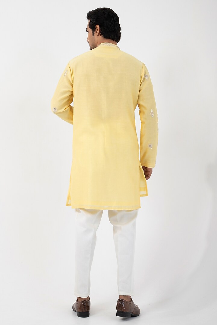 Yellow Chanderi Mulmul Motif Embroidered Kurta Set by Smriti by Anju Agarwal Men at Pernia's Pop Up Shop