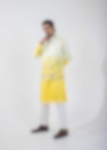 Yellow & Ivory Ombre Linen Satin Motif Embroidered Nehru Jacket by Smriti By Anju Agarwal Men at Pernia's Pop Up Shop