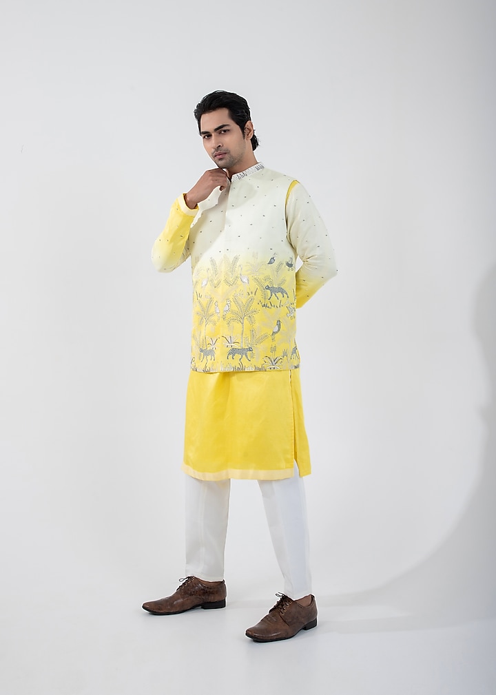 Yellow & Ivory Ombre Linen Satin Motif Embroidered Nehru Jacket by Smriti By Anju Agarwal Men at Pernia's Pop Up Shop