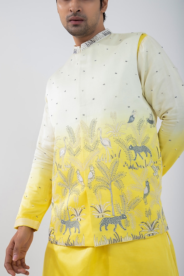 Yellow & Ivory Ombre Linen Satin Motif Embroidered Nehru Jacket by Smriti by Anju Agarwal Men at Pernia's Pop Up Shop