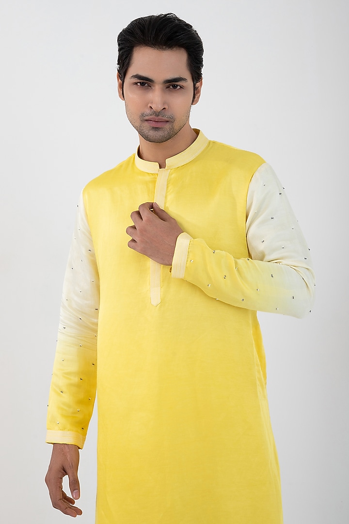 Yellow Linen Satin Mulmul Hand Embroidered Kurta Set by Smriti by Anju Agarwal Men at Pernia's Pop Up Shop