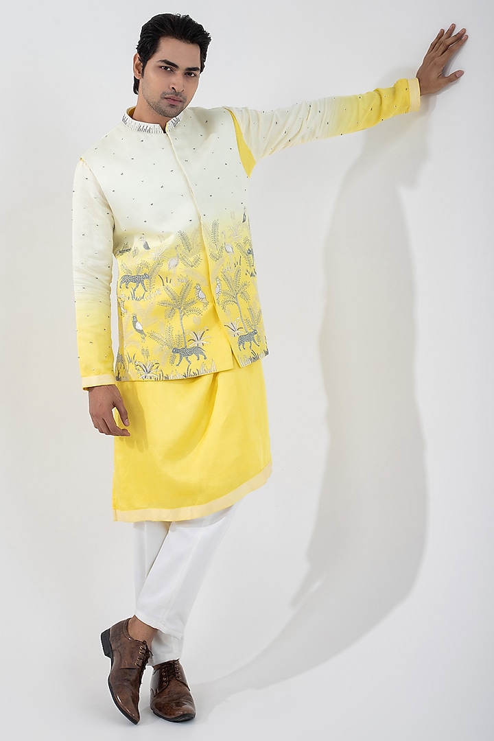 Yellow & Ivory Ombre Linen Satin Motif Embroidered Nehru Jacket Set by Smriti By Anju Agarwal Men at Pernia's Pop Up Shop