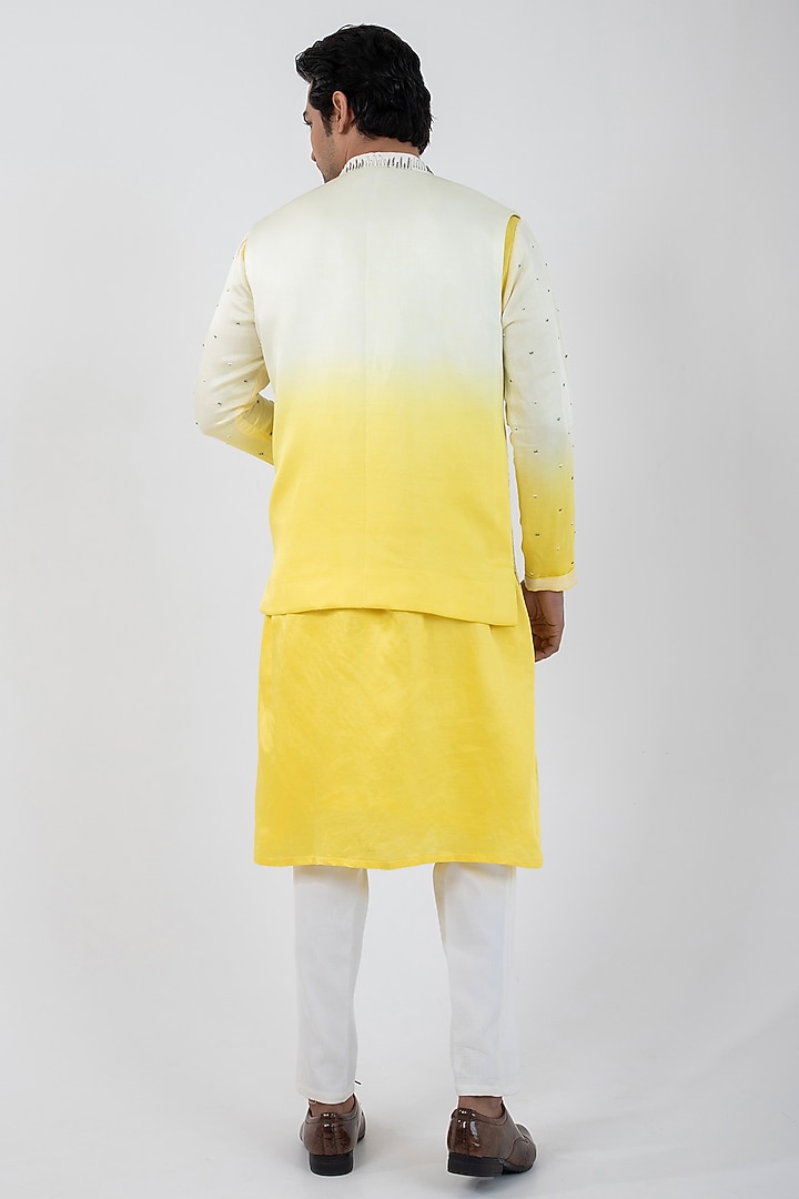 Yellow & Ivory Ombre Linen Satin Motif Embroidered Nehru Jacket Set by Smriti by Anju Agarwal Men at Pernia's Pop Up Shop