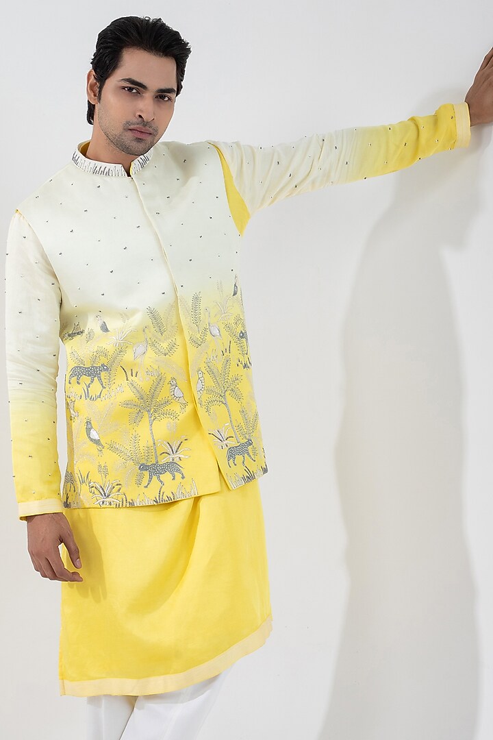 Yellow & Ivory Ombre Linen Satin Motif Embroidered Nehru Jacket Set by Smriti by Anju Agarwal Men at Pernia's Pop Up Shop