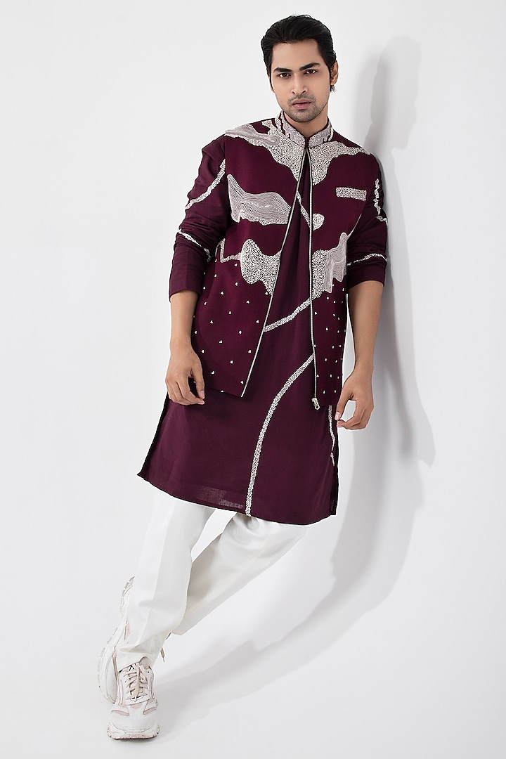 Maroon Cotton Khadi Bead & Knotted Hand Embroidered Nehru Jacket by Smriti By Anju Agarwal Men at Pernia's Pop Up Shop