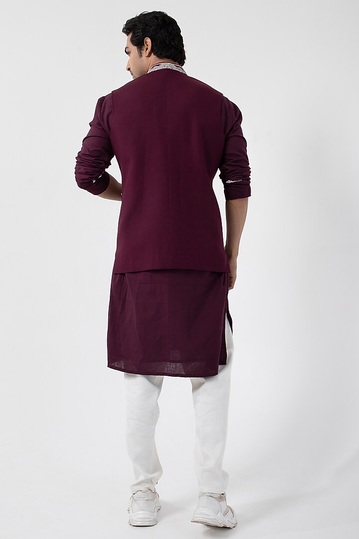 Maroon Cotton Khadi Bead & Knotted Hand Embroidered Nehru Jacket by Smriti by Anju Agarwal Men at Pernia's Pop Up Shop